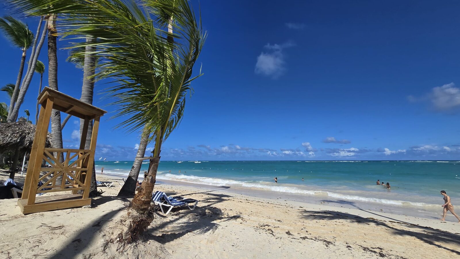 White sand Punta Cana beach with palm trees, sun loungers and turquoise sea