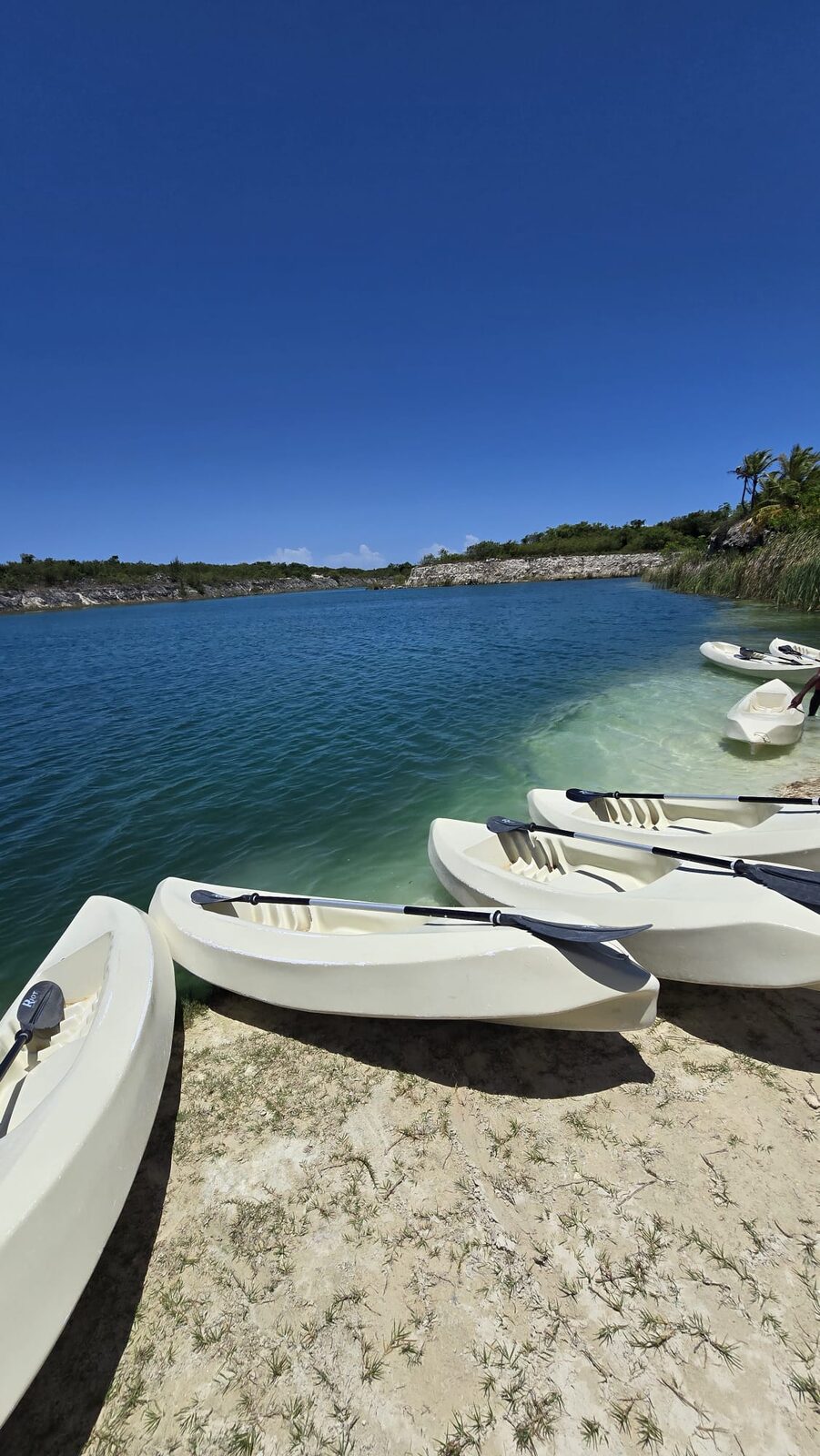 Kayaks lined up on the shore of a turquoise lagoon under a blue sky